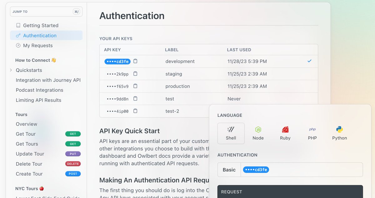 ReadMe_com's tweet image. The Authentication page is where developers can select one of their API keys and get started in a snap.