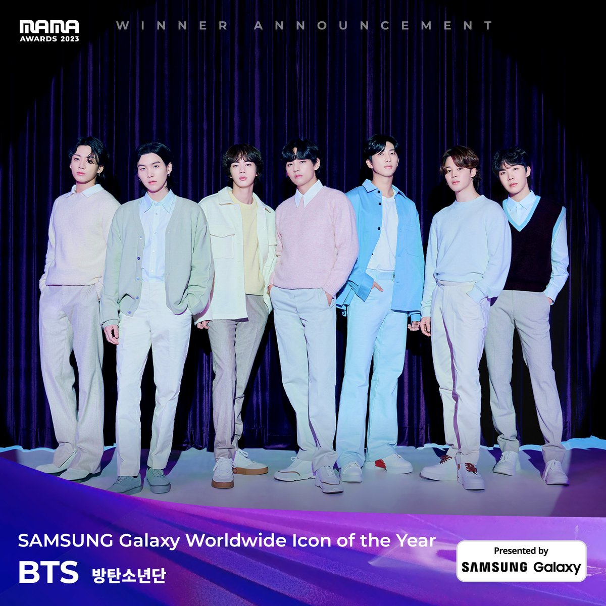 [#2023MAMA] SAMSUNG Galaxy Worldwide Icon of the Year #bts #방탄소년단 @bts_bighit We proudly announce the great winner of the 2023 MAMA AWARDS!🏆 ONE I BORN 2023 MAMA AWARDS #MAMAAWARDS #2023MAMAAWARDS