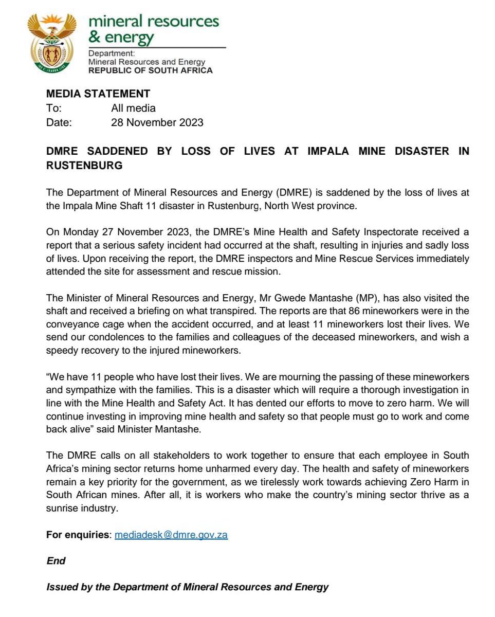 DMPR_ZA's tweet photo. The Department is saddened by the mine disaster at Impala,  Rustenburg. https://t.co/V8z5R4zdry