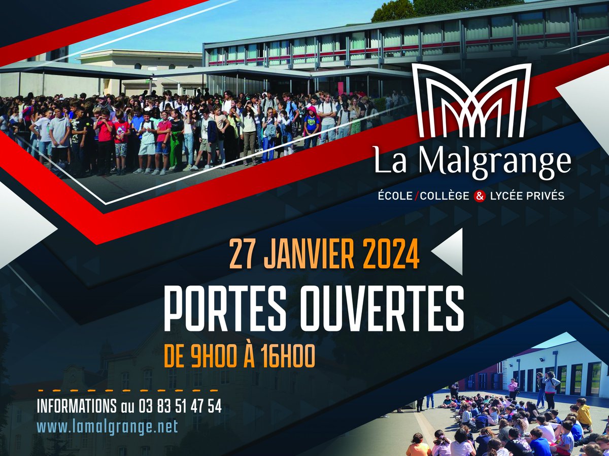 lamalgrange's tweet photo. Journées Portes Ouvertes de l'ensemble scolaire.
Toute la communauté éducative est heureuse de vous accueillir samedi 27 Janvier 2024 de 9h à 16h.

Les inscriptions se poursuivent via le lien suivant:
https://t.co/4Sc4zLl0bI

Nous avons hâte de vous rencontrer. https://t.co/SrO9o5Gfe3