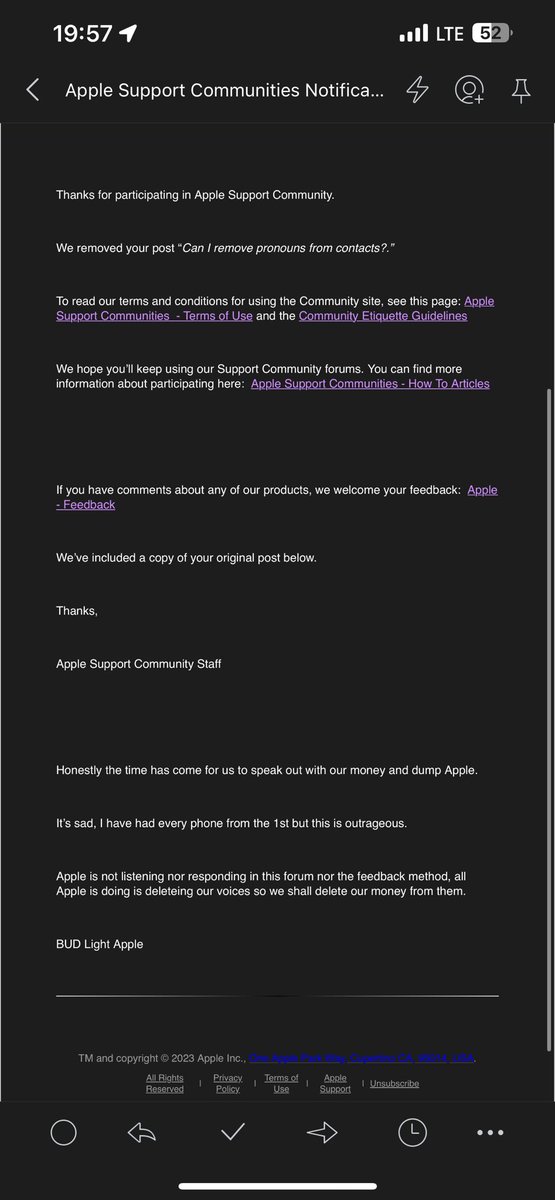 EndGameTactics's tweet photo. @Apple after a recent update to iOS the Contacts app now supports Pronouns.  A field which most users want turned off. But even discussing the removal on Apple forums and Feedback get users comment deleted and censor for not following along with the Agenda. https://t.co/a67Cb92mMJ