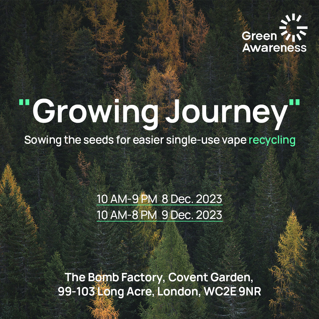 Announcing the "#GrowingJourney" Pop-Up Store at The Bomb Factory, Covent Garden, London! 

Join us to see the progress of our program dedicated to raising public awareness about the responsible disposal of single-use vapes.
#Greenawareness #Recycle #Sustainability #GAW