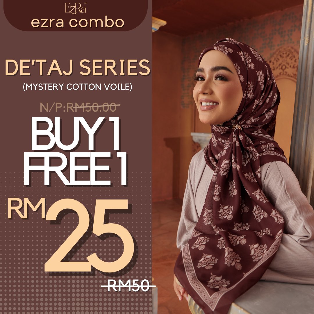 HazerahMazlan's tweet photo. De’Taj Series Promo buy 1 free 1 valid until 8/12/2023 (11.59mlm) 

More details link bio 

#ezrascarves #bawalcotton #bawalmurah https://t.co/WXJRhrwuiq