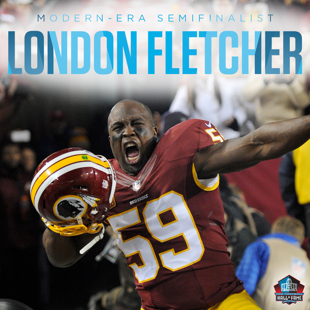 ProFootballHOF's tweet photo. The list of Semifinalists for the Pro Football Hall of Fame's Class of 2024 includes London Fletcher, who won a Super Bowl with the @RamsNFL and is part of the @Commanders Ring of Honor. https://t.co/yVu4qxQMWv