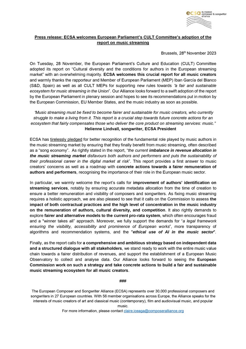 <a href="/EPCulture/">CULT Committee Press</a> just adopted MEP @Ibangarciadb's report “Cultural diversity and the conditions for authors in the European streaming market”. 🟢

ECSA welcomes this crucial report, providing a roadmap towards fair remuneration of music creators.

Press release: bit.ly/40XalAS