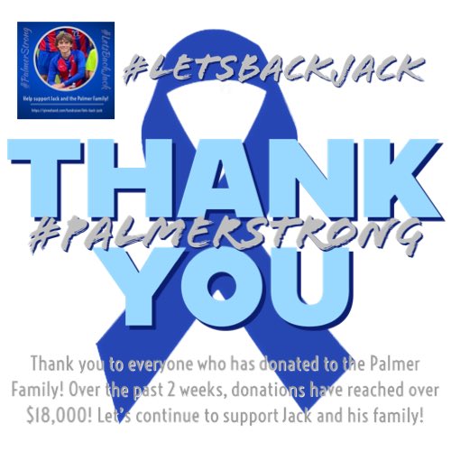 WFCougarSoccer's tweet image. Thank you to everyone who has donated to the Palmer Family! Over the past 2 weeks, donations have reached over $18,000! Let’s continue to support Jack and his family! 

#GivingTuesday #PalmerStrong #LetsBackJack