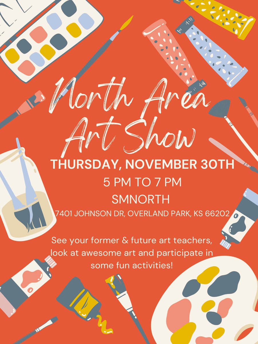 theSMSD's tweet photo. 🎨Join us for an evening of fine art! The whole community is invited to the annual Shawnee Mission North art show this Thursday. The show will feature work from all grade levels in the North feeder pattern. We can't wait to show off our students' talent! #OneShawneeMission https://t.co/R3Zh93uKyT