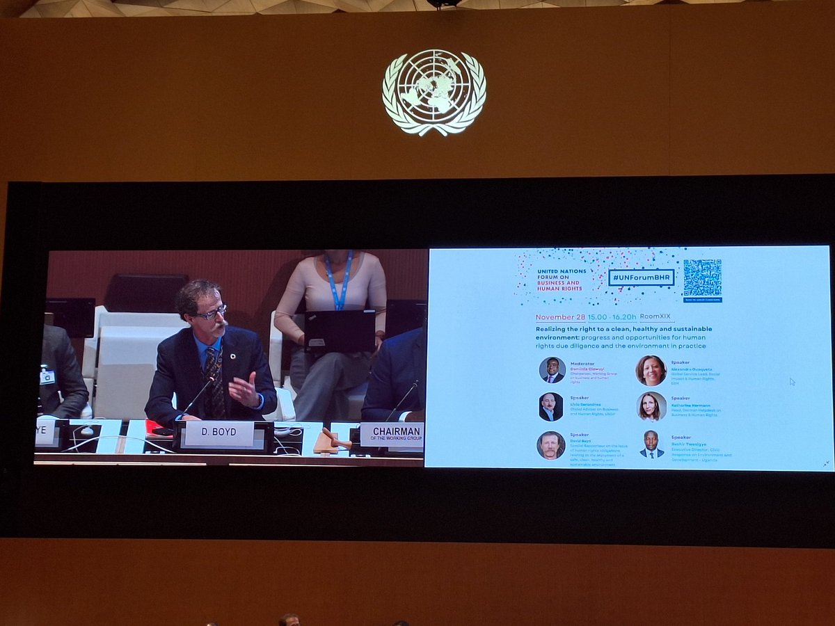 SophieAujean's tweet photo. I am at UN #BusinessandHumanRights forum before going to #COP28. Timely to hear bold words #UN special rapporteur #DavidBoyd "Although the #right to a clean #environment belongs to all of us, it's not enjoyed by any of us." & #climatechange does not affect us in the same ways. https://t.co/N4okNsqrGx