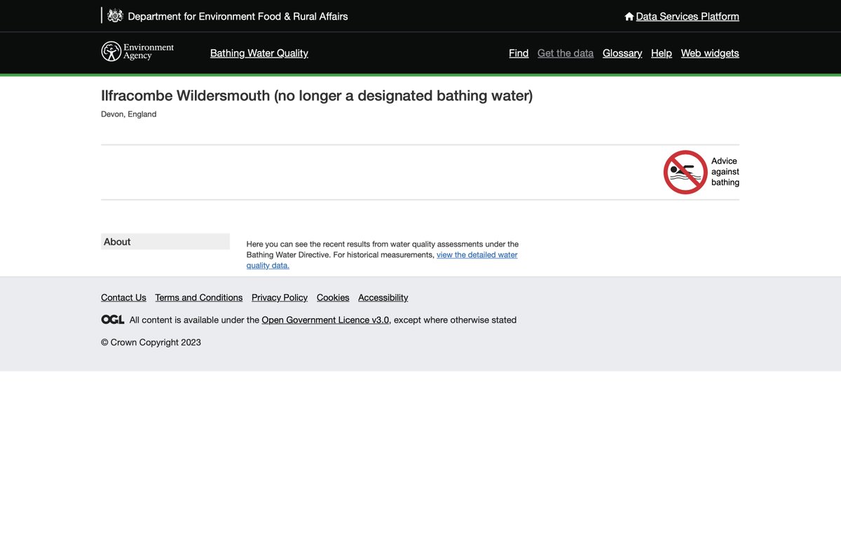 an extent 2 local bathing spots have 'Do not swim' advisories Instow & Iifracombe, upon closer inspection they've been de-designated govt's way of dealing with it. Beaches keep failing, no problem, delist it, delisted, no testing, no testing, no data, no problem. Hurrah! (2/2)