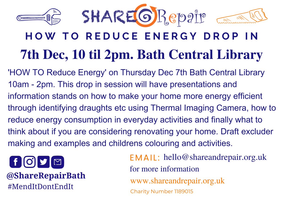 Drop into Bath Central Library tomorrow and learn how to reduce your energy with @ShareRepairBath from 10 - 2.00pm.
#BNESLibraries #ShareAndRepair #MendItDontEndIt @GreenBathNES