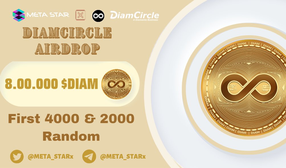 📣📣 Diam x META STAR #fcfs #Airdrop 🔥🔥

🏆 Reward -- 8,00,000 $DIAM PRICE POOL 😍😍

✅ Follow <a href="/META_STARx/">META STAR</a> &amp; <a href="/diamcircle_io/">DiamCircle.io</a>
✅ RT &amp; Tag 3 Friend
➡️ Finish Gleam: gleam.io/competitions/3…

#Airdrop #Giveaway #FCFS  #NFTGiveaway #ETH #DIAM #TOKEN #IDO #Crypto #Binance #META_STARx