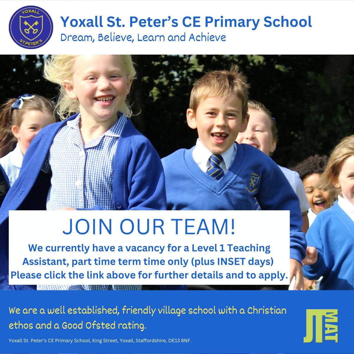 We have a vacancy for a dedicated Level 1 Teaching Assistant which is a fantastic opportunity to join our lovely school. Please visit jtmat.co.uk/vacancies/ for more information and to apply.