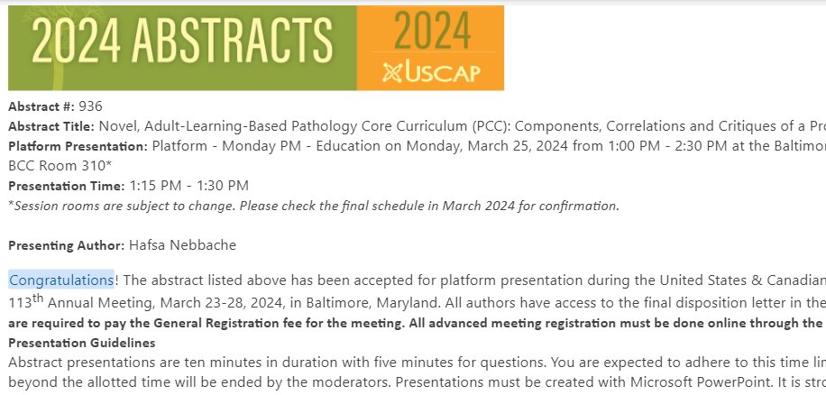 NebbacheHafsa's tweet photo. Excited to share that I'll be presenting our abstract on adult learning in pathology, titled 'Novel, Adult Learning-Based Pathology Core Curriculum,' during the Platform session at @TheUSCAP 2024! Truly honored for this opportunity!🌟 #USCAP2024 #path2path #PathTwitter https://t.co/buivBeLNDd