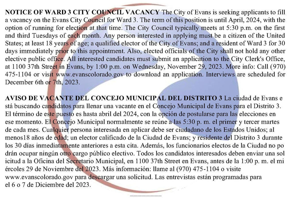 EvansColorado's tweet photo. REMINDER! Deadline is Wednesday to apply for the Ward 3 vacancy on the Evans City Council. This is a great opportunity to step up and serve your community! https://t.co/DwdUFKvr6q