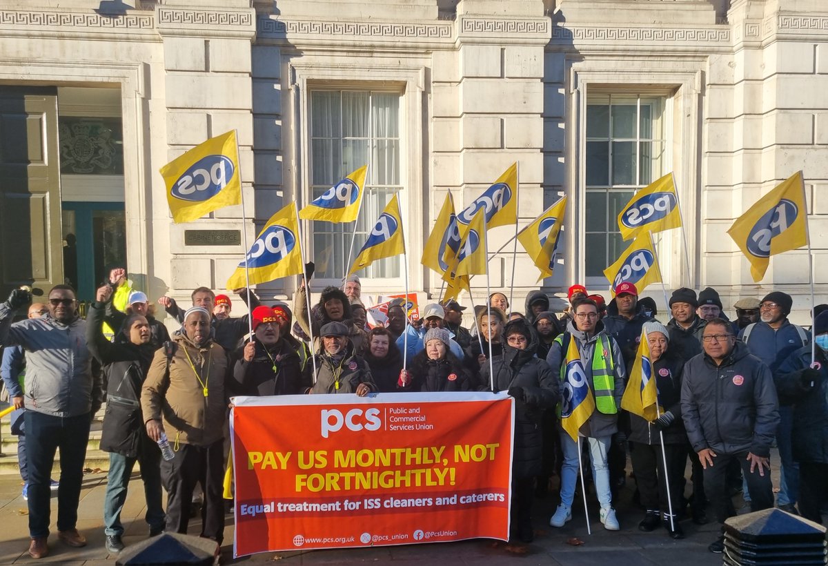 In a brilliant show of solidarity, striking ISS members in Whitehall joined forces today with their ISS colleagues at the Cabinet Office for a protest. They sent a clear message: the outsourcing model is broken. Read all about it here: pcs.org.uk/news-events/ne… #PCSonStrike