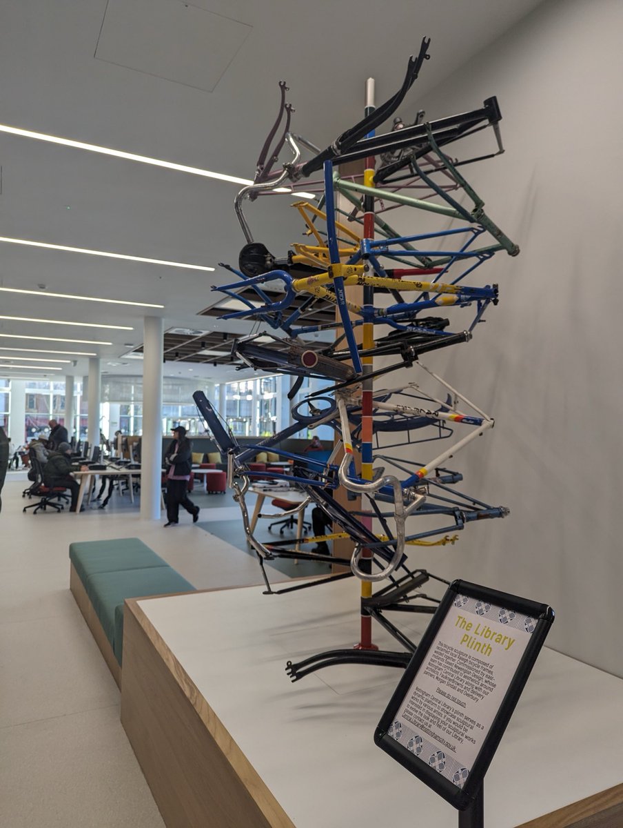 Opening of new ⁦@MyNottingham⁩ Central Library today. Sustrans Nottm team were wow’ed by the space and atmosphere. Fantastic modern library with this lovely bicycle sculpture too. DC⚒🎲🚲🤓🏴󠁧󠁢󠁷󠁬󠁳󠁿