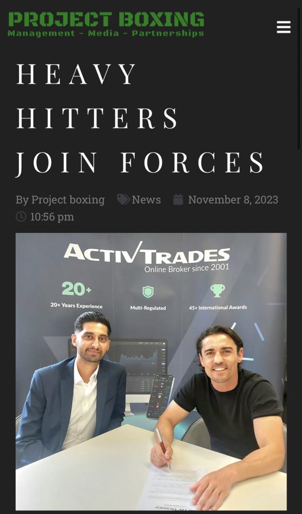 Leading online trading broker ActivTrades has announced a groundbreaking partnership with sports management company Project Boxing. The alliance will provide a new level of support for boxing clubs and elite fighters as they pursue their dreams. projectboxing.co.uk/heavy-hitters-…