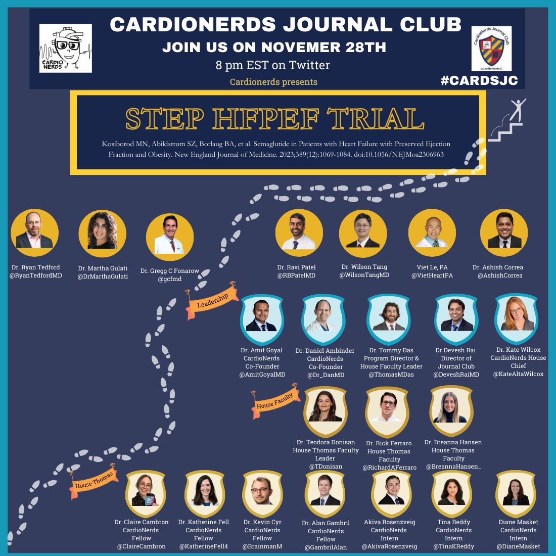 CardioNerds Journal Club (@cardionerdsjc) on Twitter photo 🔥Join us tonight for #CardsJC to discuss the #STEPHFPEF trial with an incredible team of experts at 8 PM EST 🕗
Planned by #HouseThomas
@ryantedfordmd <a href="/DrMarthaGulati/">Dr. Martha Gulati ♥️🫀❤️🩹🇨🇦</a> <a href="/gcfmd/">Gregg Fonarow MD</a> <a href="/RBPatelMD/">Ravi Patel</a> <a href="/WilsonTangMD/">W. H. Wilson Tang, MD</a> <a href="/VietHeartPA/">Viet Le DMSc PA-C FACC FAHA HF-Cert</a> <a href="/AshishCorrea/">Ashish Correa</a> 🔥Join us tonight for #CardsJC to discuss the #STEPHFPEF trial with an incredible team of experts at 8 PM EST 🕗
Planned by #HouseThomas
@ryantedfordmd <a href="/DrMarthaGulati/">Dr. Martha Gulati ♥️🫀❤️🩹🇨🇦</a> <a href="/gcfmd/">Gregg Fonarow MD</a> <a href="/RBPatelMD/">Ravi Patel</a> <a href="/WilsonTangMD/">W. H. Wilson Tang, MD</a> <a href="/VietHeartPA/">Viet Le DMSc PA-C FACC FAHA HF-Cert</a> <a href="/AshishCorrea/">Ashish Correa</a>