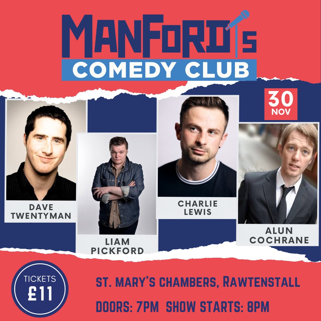 Manford's Comedy Club (@manfordscomedy) on Twitter photo 🚨LAST FEW TICKETS!🚨Only a handful of tickets remain for our show at St Mary’s Chambers on Thursday featuring Dave Twentyman, <a href="/FlowerOfAshton/">Liam Pickford</a> <a href="/clewiscomedy/">charlie lewis</a> and Alun Cochrane. Get your tickets down below ⬇️ 🚨LAST FEW TICKETS!🚨Only a handful of tickets remain for our show at St Mary’s Chambers on Thursday featuring Dave Twentyman, <a href="/FlowerOfAshton/">Liam Pickford</a> <a href="/clewiscomedy/">charlie lewis</a> and Alun Cochrane. Get your tickets down below ⬇️