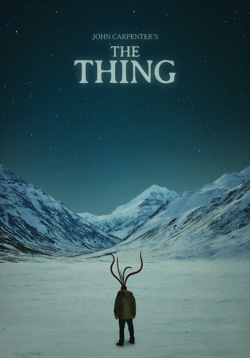 'I don't know. Thousands of years ago, it crashes, and this Thing gets thrown out, or crawls out, and it ends up freezing in the ice...' An alternative poster for John Carpenter's classic monster movie, THE THING (1982), by Christopher Robertson. #horror #art #thething
