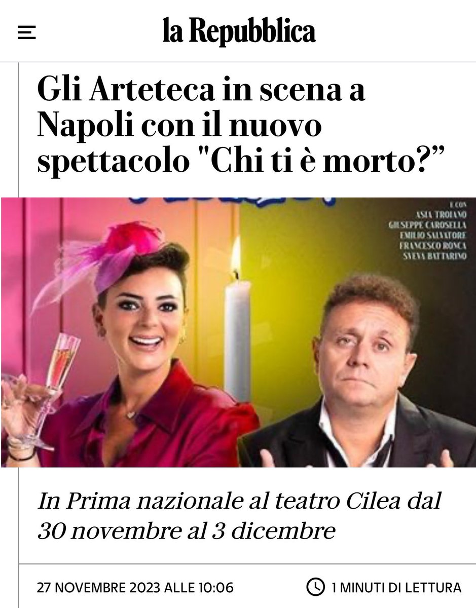 Da Venerdì 30 al <a href="/Teatro_Cilea/">Teatro Cilea</a> !

Grazie <a href="/repubblica/">Repubblica</a> 🫶🏻
Articolo completo ⤵️
napoli.repubblica.it/cronaca/2023/1…