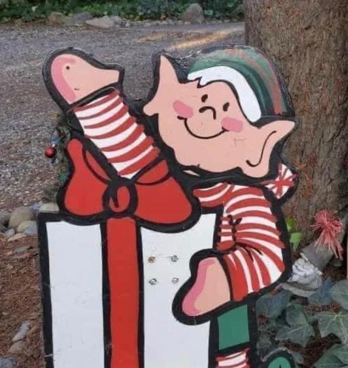 'When you realize the elf's handiwork is a bit too... 'hands-on' for family-friendly decor!'