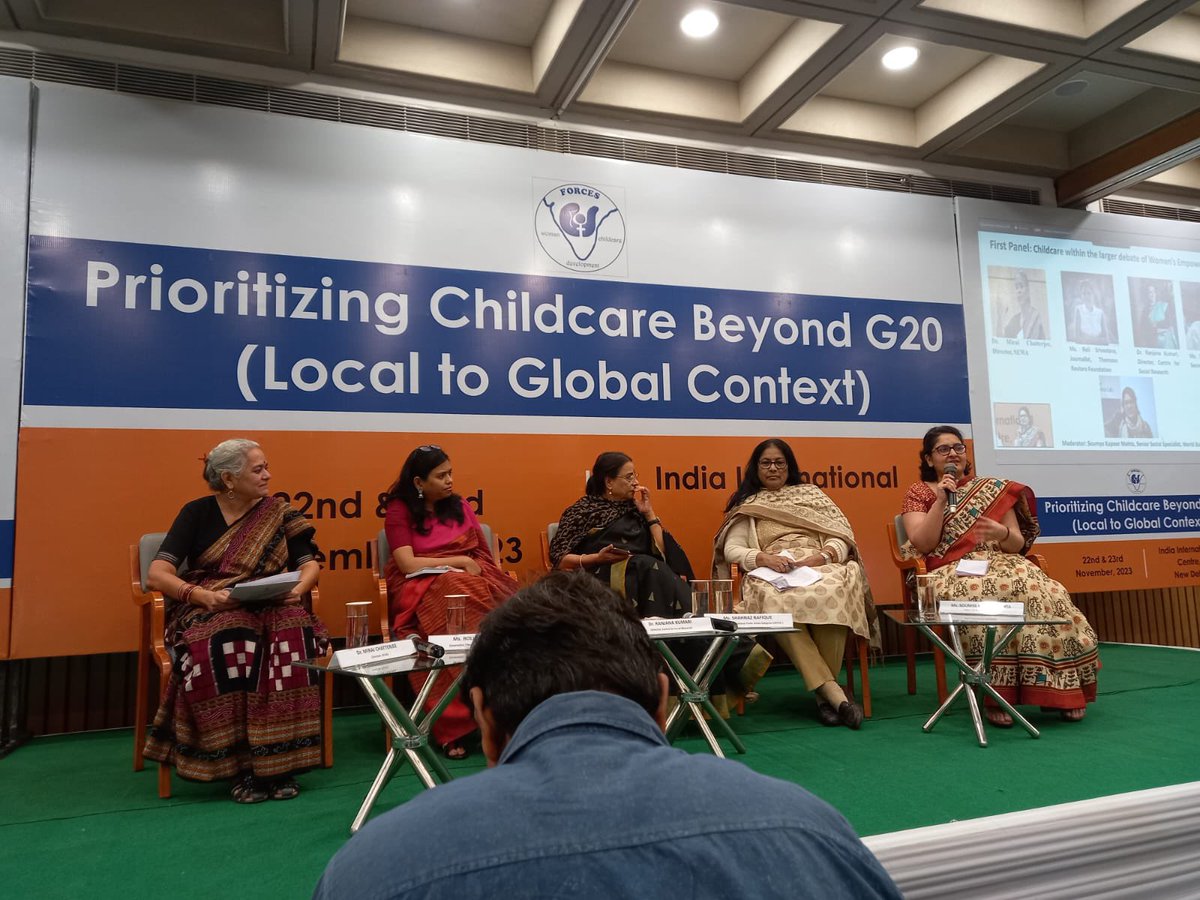 Engaged in a crucial dialogue at the 'Prioritizing Childcare Beyond G20: Local to Global Context' event by the National FORCES Forum. Dr. Mirai Chatterjee, Roli Srivastava, and Shahnaz shed light on essential insights into childcare. #ChildcarePriorities #GlobalForum