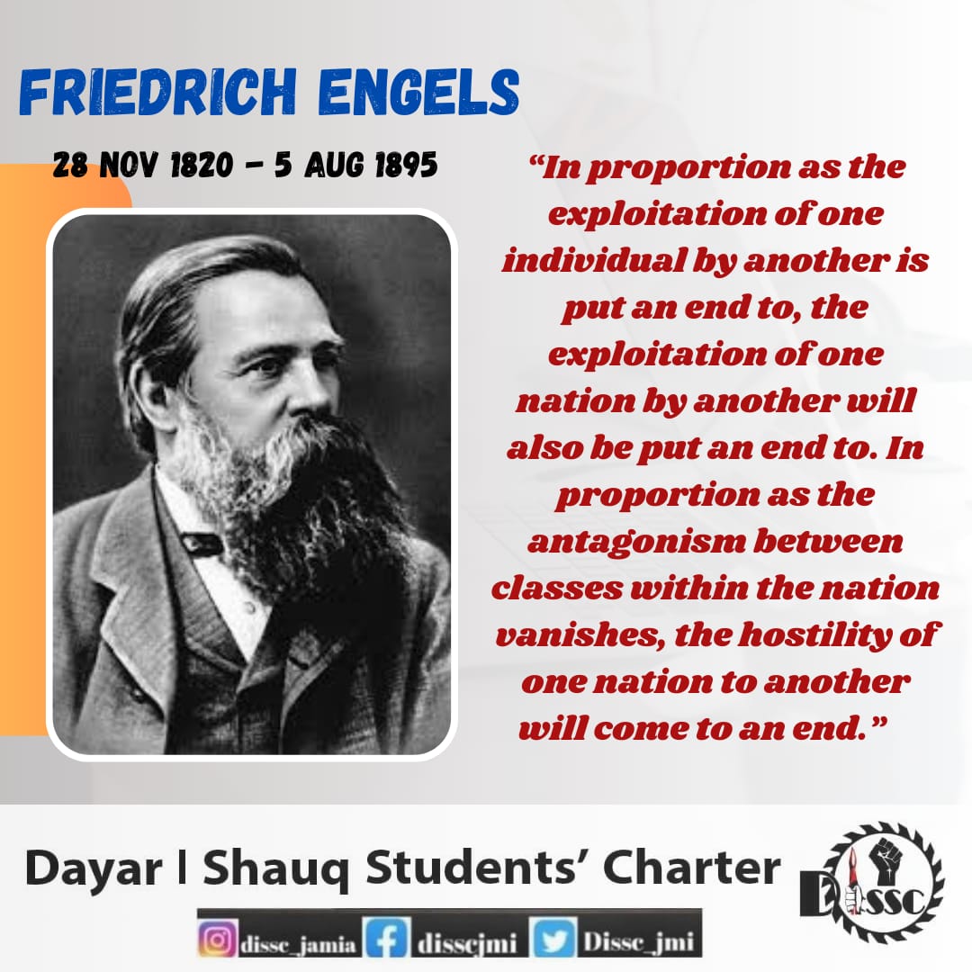 Dissc_jmi's tweet photo. Happy birthday Friedrich Engels. We remember his legacy and his scathing critique of Capitalism and ruling class, as politicians and businesses prioritise profits over the life of people. https://t.co/sHm5J5LsHv