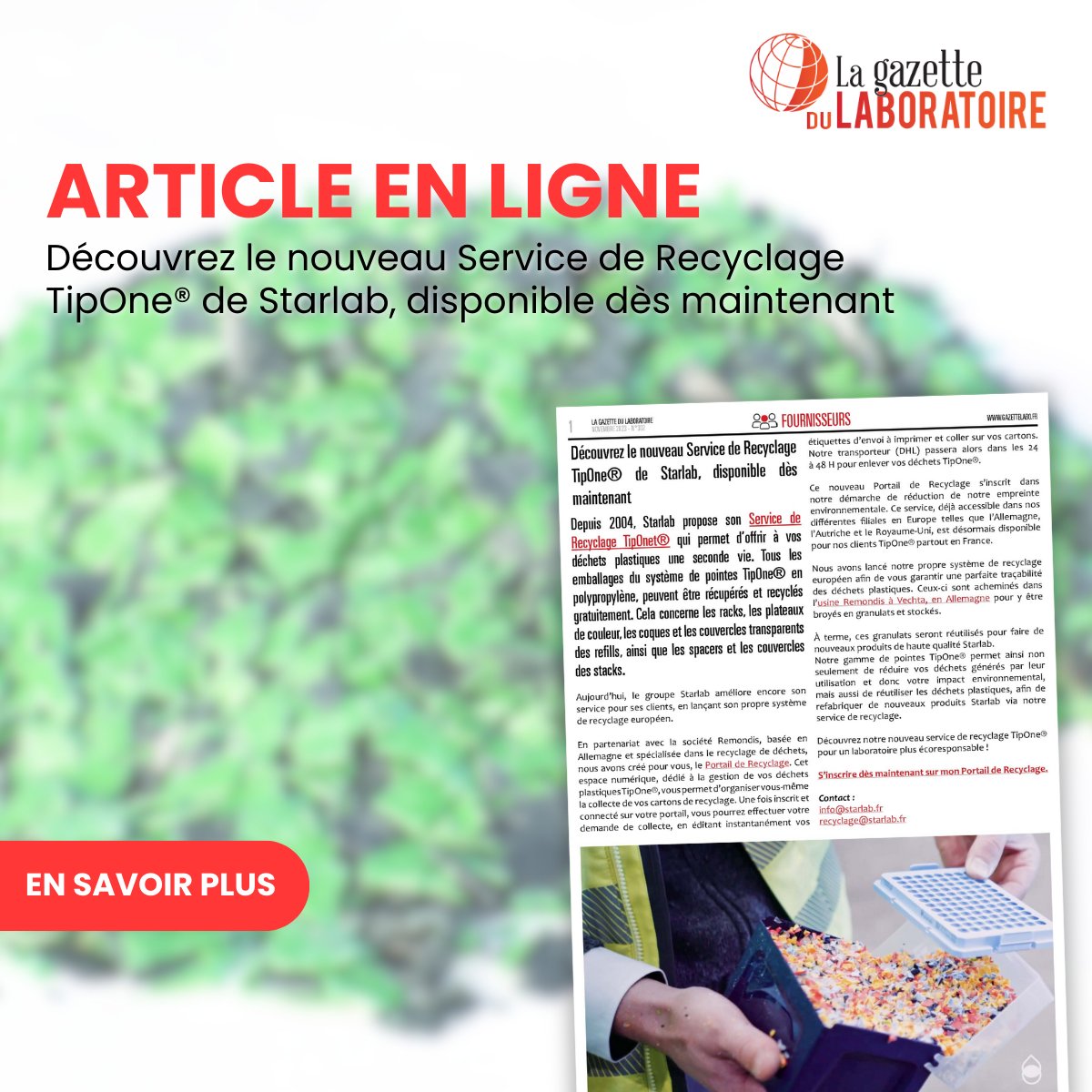 📰 𝐀𝐑𝐓𝐈𝐂𝐋𝐄 𝐄𝐍 𝐋𝐈𝐆𝐍𝐄 - Découvrez le nouveau Service de #Recyclage TipOne® de <a href="/StarlabUKLtd/">Starlab</a>, disponible dès maintenant ♻

Lire l'article pour en savoir plus ➡️ gazettelabo.fr/articles/123ST…

#gazettelabo #science #laboratoire #innovation #environnement