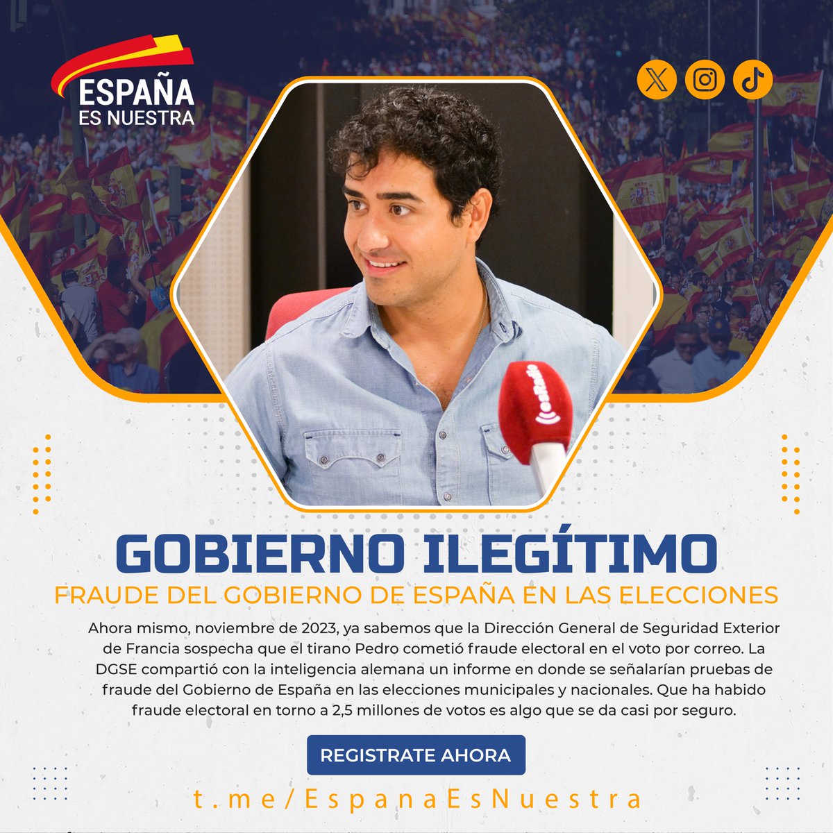 ➡️ Alvise Pérez | Fraude electoral en torno a 2,5 millones de votos.
t.me/Alviseperez

Ahora mismo, noviembre de 2023, ya sabemos que la Dirección General de Seguridad Exterior de Francia sospecha que  Pedro  cometió fraude electoral en el voto por correo. La DGSE