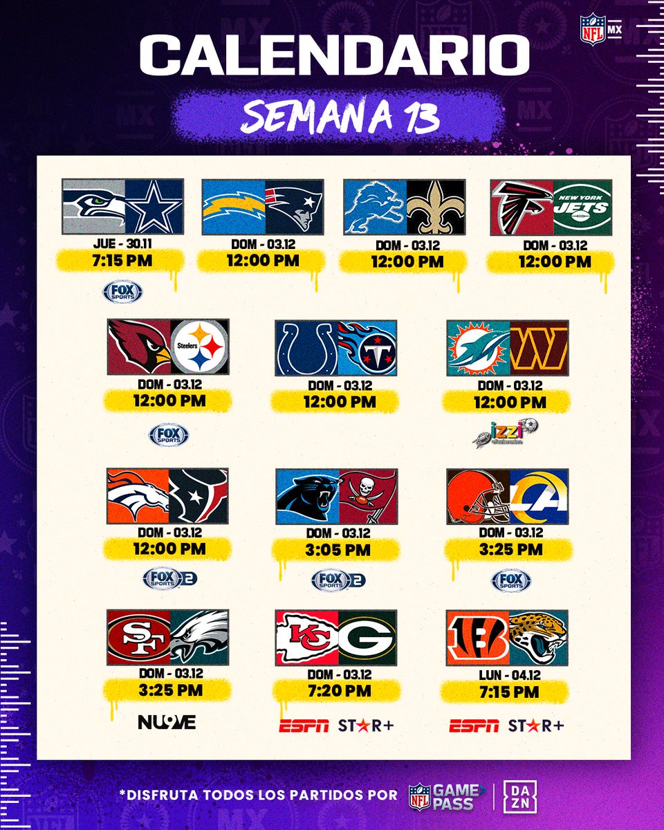 ¡El calendario más esperado del condado ha llegado! 📆🔥

Semana 13 de 13 partidos para comenzar diciembre con mucho fútbol americano, ¿cuál es el partido que más esperan? 👀🏈

📺: <a href="/FOXSportsMX/">FOX Sports MX</a>/ <a href="/afizzionadosmx/">afizzionados</a>/ <a href="/TUDNMEX/">TUDN MEX</a> por <a href="/ElNueveOf/">El Nueve</a>/ <a href="/ESPNmx/">ESPN.com.mx</a>/ <a href="/StarPlusLA/">starplusla</a> / <a href="/NFLonDAZN/">NFL on DAZN</a>
 
#NFLMX