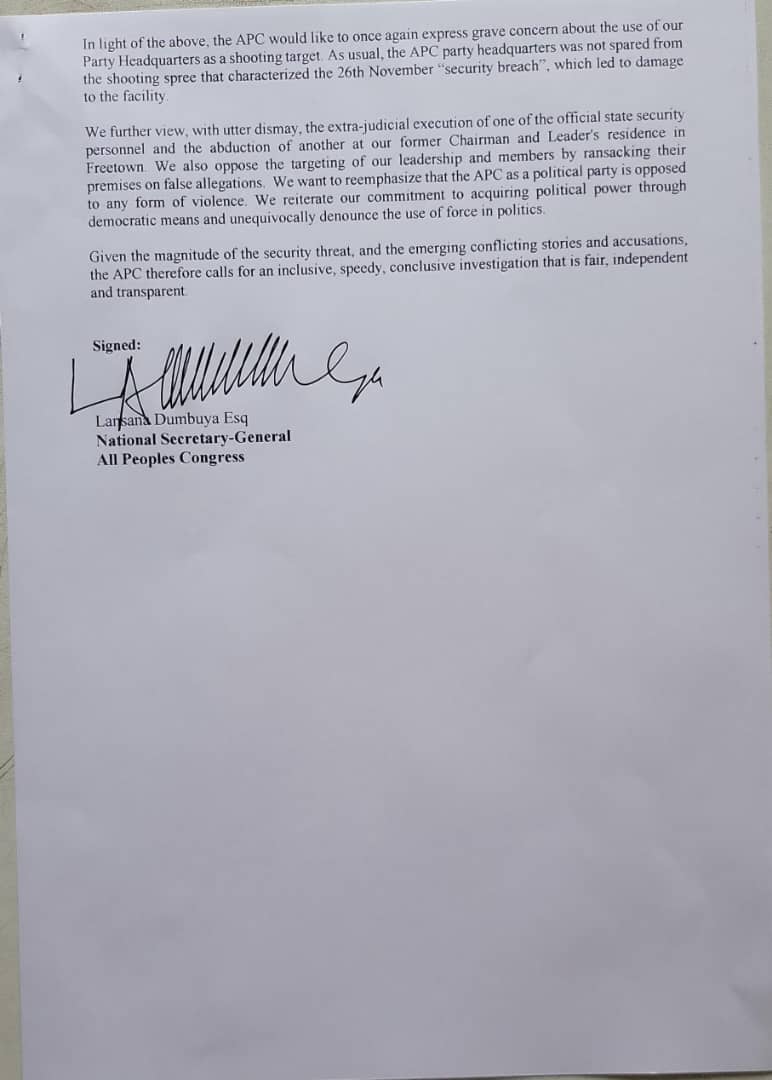 APC is alarmed by the security breach at the Wilberforce military barracks in Freetown and condemns any act that tends to destabilize the political and social calm of the state. The party categorically condemns any attempt to associate it with any form of violence. <a href="/SecBlinken/">Secretary Antony Blinken</a>