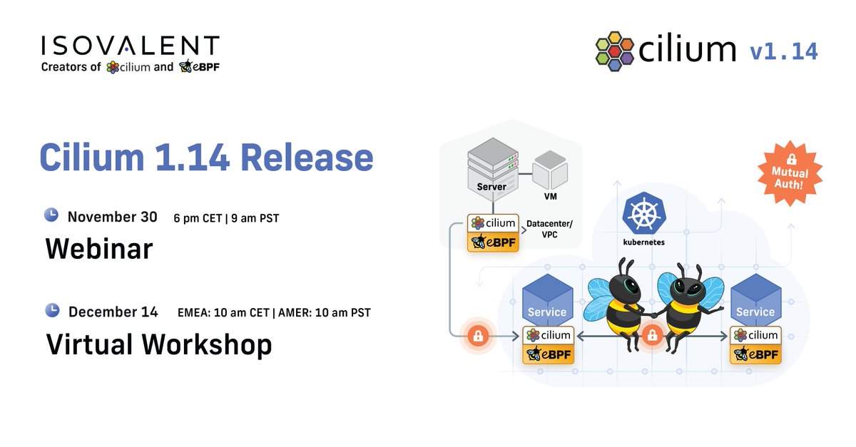 This Thursday, join Thomas Graf for our latest #Cilium 1.14 release webinar to learn about the latest features, and join us 2 weeks later on December 14 to test drive these features with the Cilium labs! Webinar: isovalent.site/3SRtpyB Virtual workshop: isovalent.site/3QTiD8r