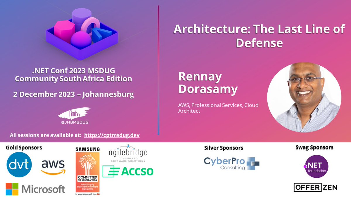 jhbmsdug's tweet image. Join  Rennay  for &quot;Architecture: The Last Line of DefenseI&quot; at this year&apos;s in-person .NET Conf 2023 MSDUG Community South Africa 2 Dec in Johannesburg #DotNETConfSA #dotnetconf   cptmsdug.dev