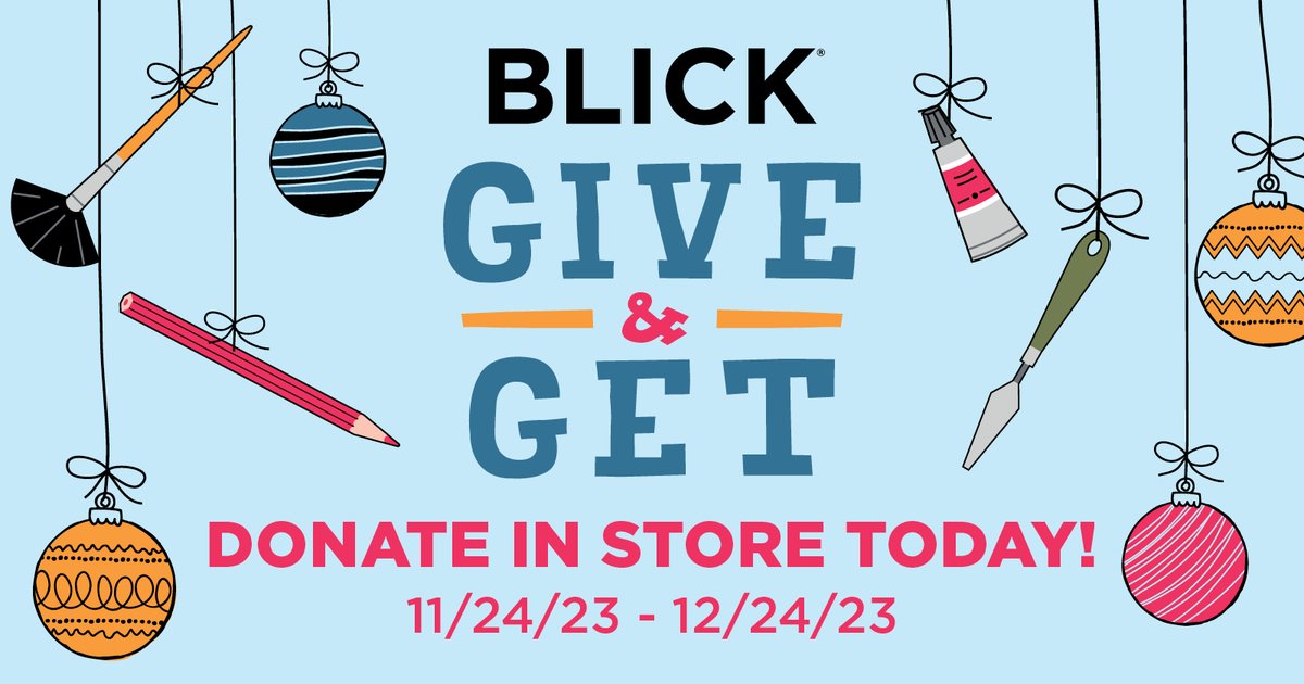 GIVE + GET starts in stores today! ✨Donate art supplies purchased in BLICK stores between 11/24/23 &amp; 12/24/23 to receive a coupon for 20% off your next in-store purchase. Donated materials help support arts education in your local community. Learn more: ow.ly/Ntv450QawNQ