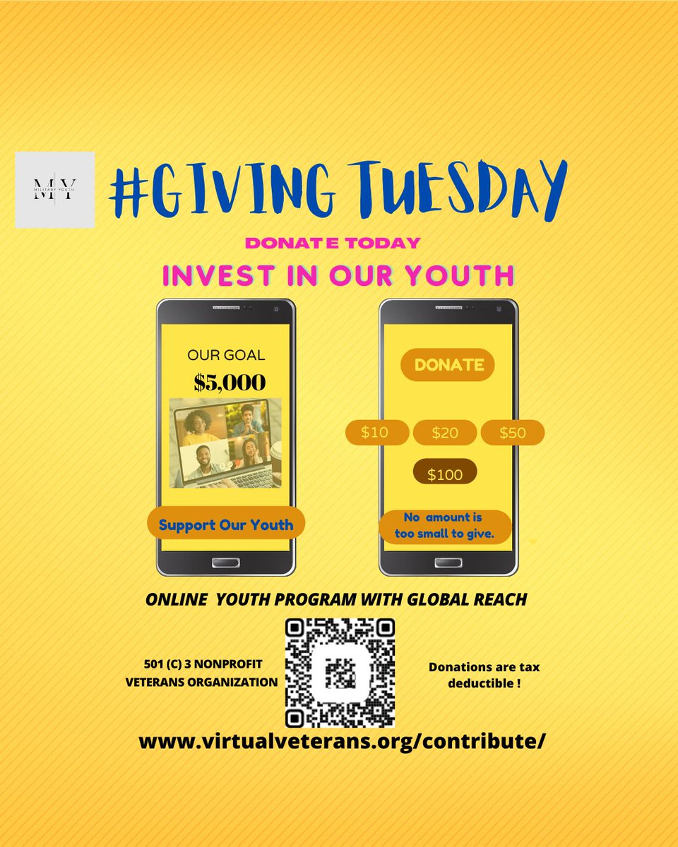 vets_virtual's tweet photo. TODAY is #GivingTuesday. Join us make a Difference in the lives of our Military Youth. These are the children of our brave men and women who serve our country daily to keep us safe.
https://t.co/n2vDfRzAUQ
#nonprofit ##militarybrats #donate ##charity #GivingTuesday2023 #youth https://t.co/khzRPV3FX4