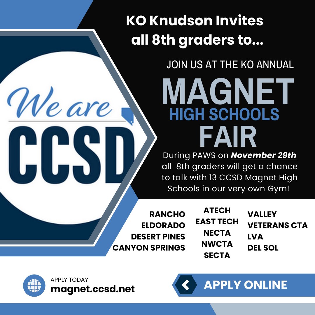 KnudsonMS's tweet photo. Calling ALL KO 8th Graders!!! The Magnet High Schools will be on our campus on Wednesday! Be sure to do your research and be ready to ask them all your questions! #CCSDMagnet #FuturePlanning #MagnetHighSchoolBound #KOMagnetFair #KOPride https://t.co/4zQ9zWQ0RA