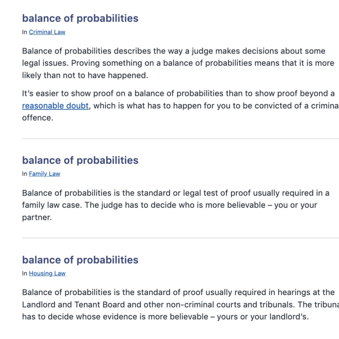 SelfRepsCanada's tweet photo. Have you often seen the term "balance of probabilities" used in legal cases but were unsure of what exactly it meant? See some definitions of "balance of probabilities" and how it is used in criminal law, family law and housing law:

Source: https://t.co/WD1rbFsORs https://t.co/82KDImija4