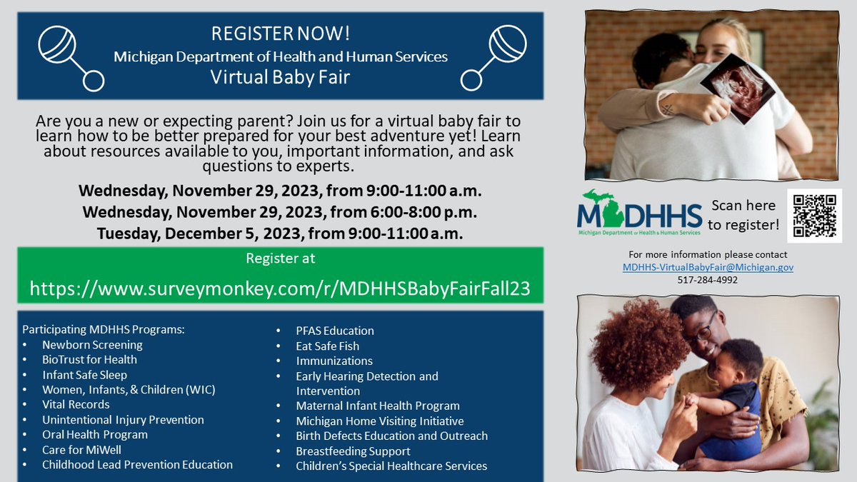 Free MDHHS Virtual Baby Shower! There will be presentations on important health and safety information parents need to know, resources available, and the opportunity to ask questions. Visit bit.ly/47gFiSE to register or scan the QR code on the flyer. #WINNDetroit