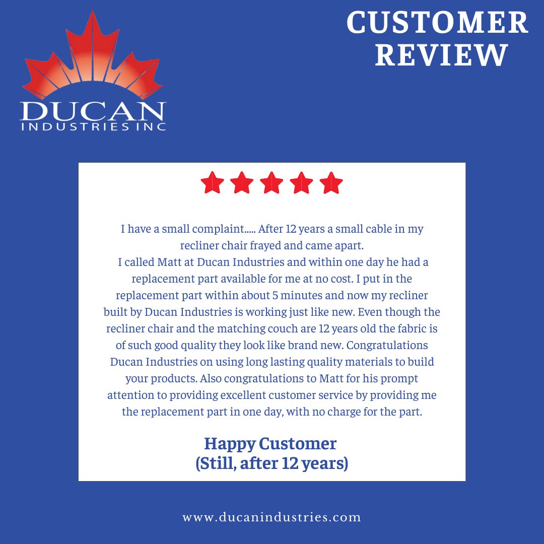DucanIndustries's tweet photo. It's not everyday we have a customer come back to us after 12 years of owning one of our recliners, but the chances are never zero 😜

Thanks for the review Ivan! Happy to help

#customerreview #reviews #lethbridge #yqllocal https://t.co/hR30RQO6xX