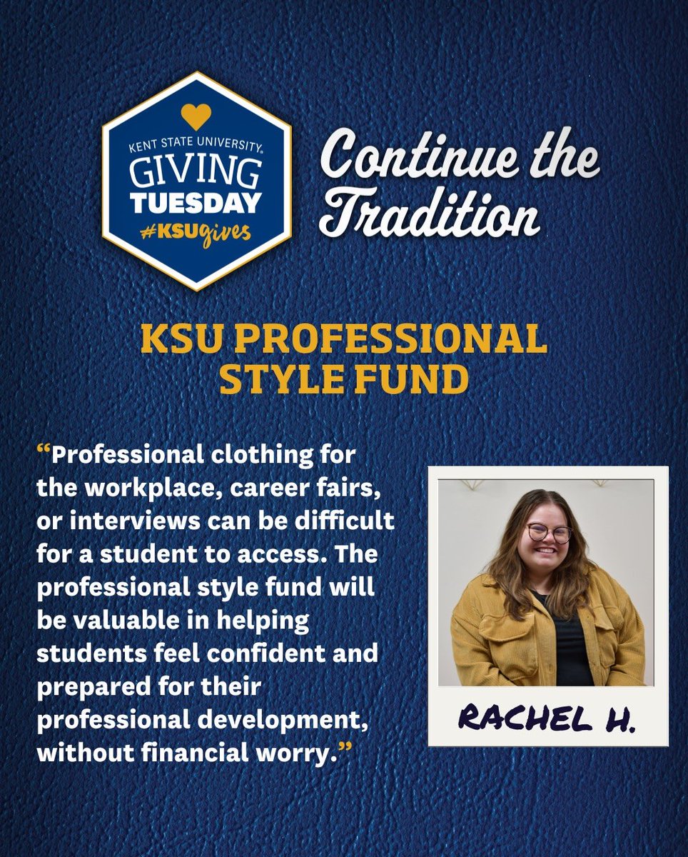 Today is Giving Tuesday! Support our students by contributing to the KSU Professional Style Fund, which aids students in purchasing interview attire to help them feel confident to thrive in the workplace. Click the link to give today! 
 
flashes.givetokent.org/campaign/ksu-p… 
 
#GivingTuesday