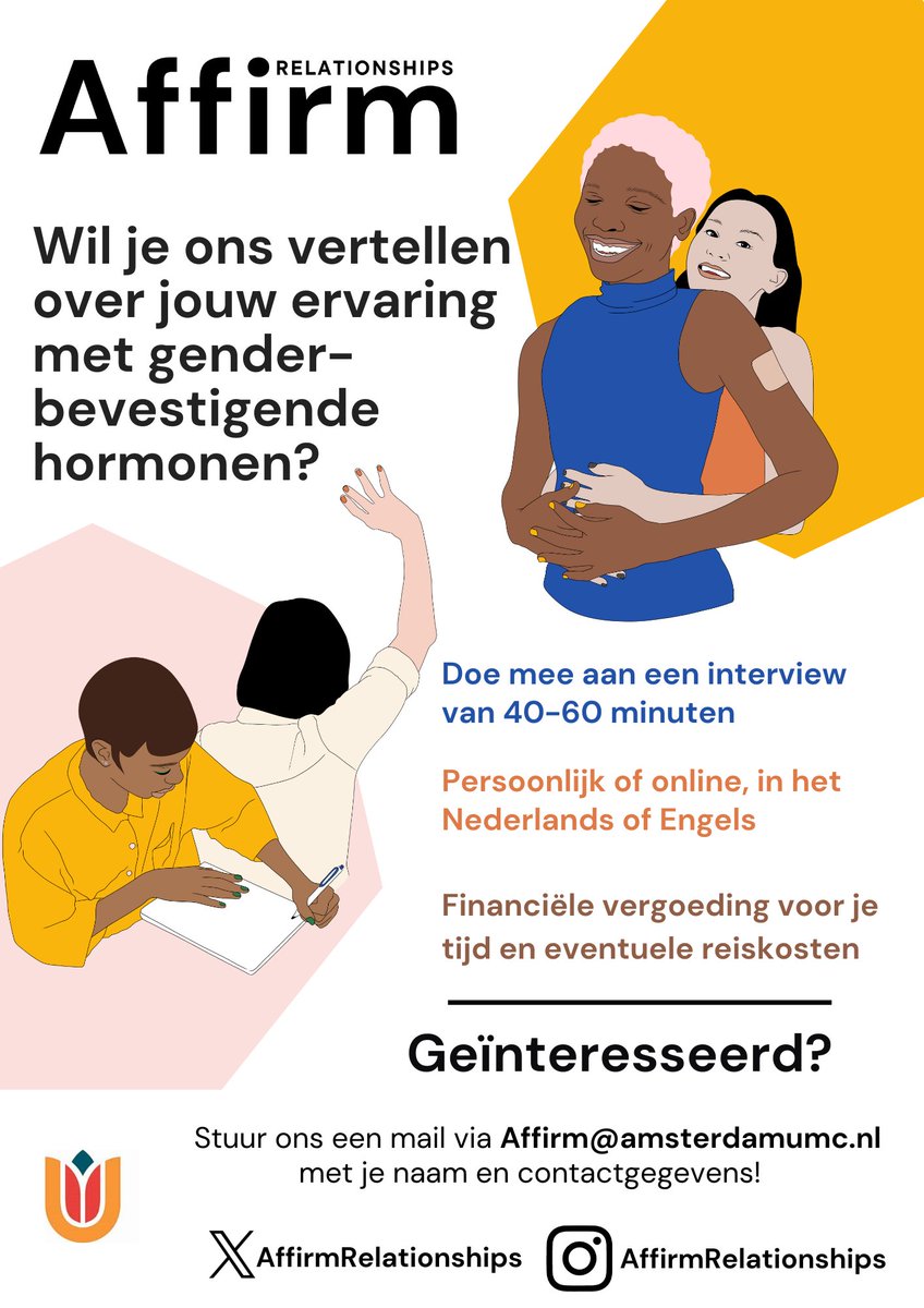 Exciting news: we are recruiting for our new study! 🥳
For this interview study, we are looking for people who would like to share their experiences with gender-affirming hormones.
Interested in participating, or want to learn more? Let us know via Affirm@AmsterdamUMC.nl