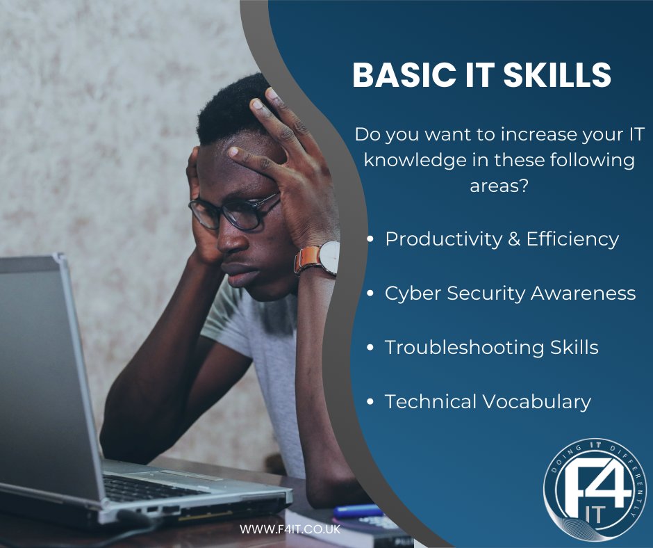 Empower yourself with our Basic IT Skills course!

Are you new to using computers?
Lack confidence?
Looking to further your knowledge?

Follow the link to register your interest.
loom.ly/c-snNg4

#F4IT #DoingITDifferently #BasicSkills #Training