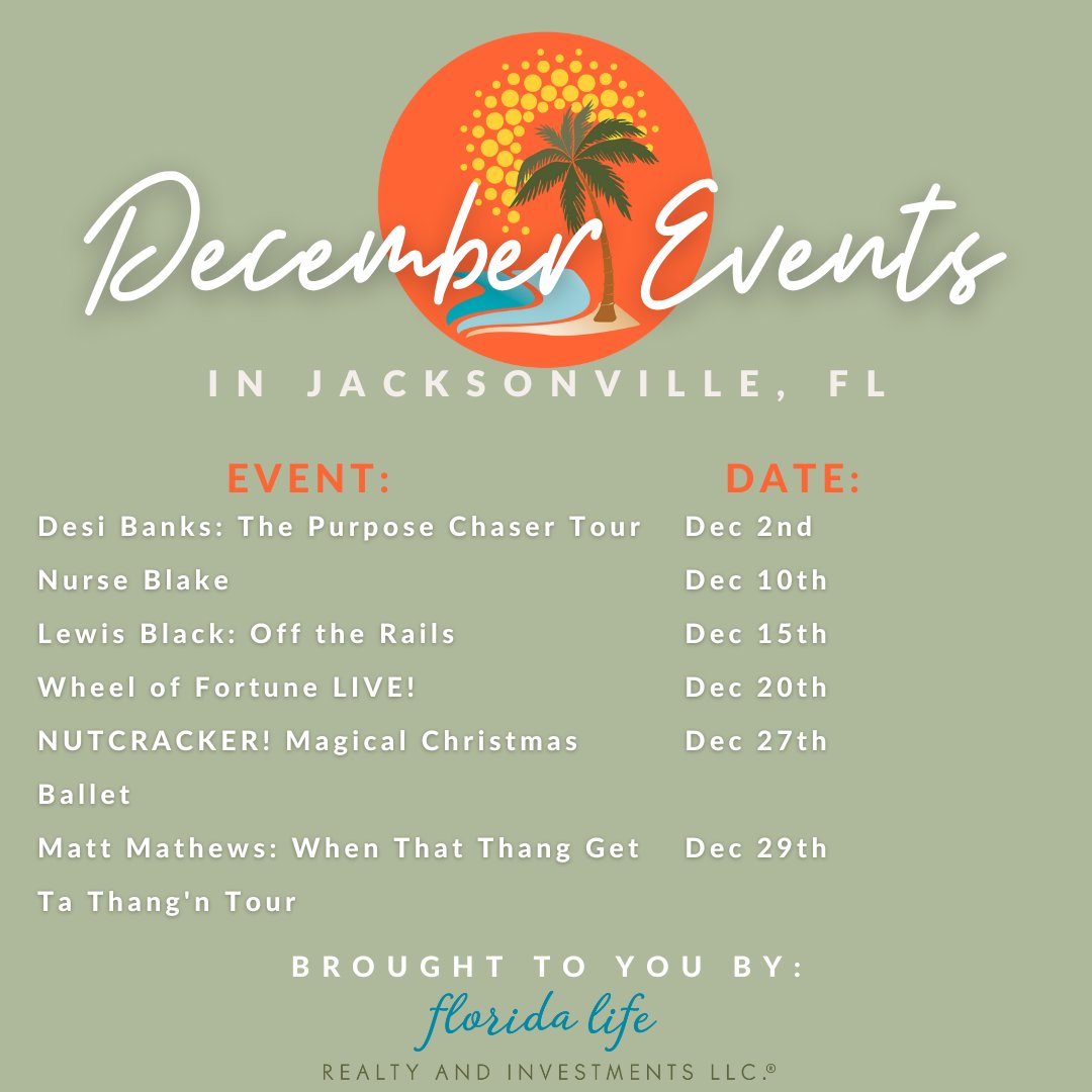 FLlifeRealty's tweet photo. Looking for things to do next month? Here is a couple of events going on in Jacksonville, FL next month! For more information or to find more events check out https://t.co/56xU4nZnll
#visitjax #visitjacksonville #visitfl #florida #jacksonville #2023 #holidays #Family #december https://t.co/eGrSf8tnVM
