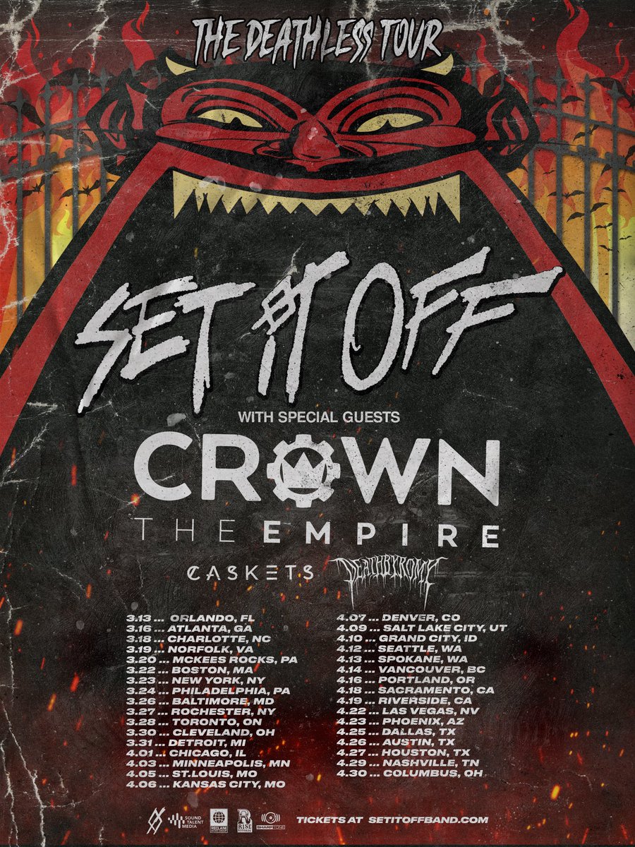 CrownTheEmpire's tweet photo. We’re excited to announce that we’ll be joining Set It Off for THE DEATHLESS TOUR along with Caskets &amp; DeathbyRomy! 🔥 

Tickets and VIP upgrades on sale Fri 12/1 (10am local) at https://t.co/QWp19J0xXL https://t.co/QtQFhKH6UY