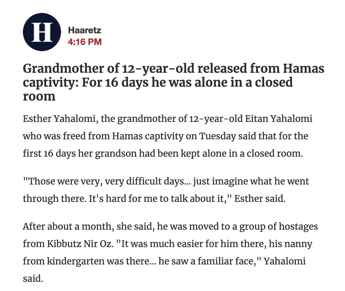 Hamas kept a 12 year old in solitary confinement.