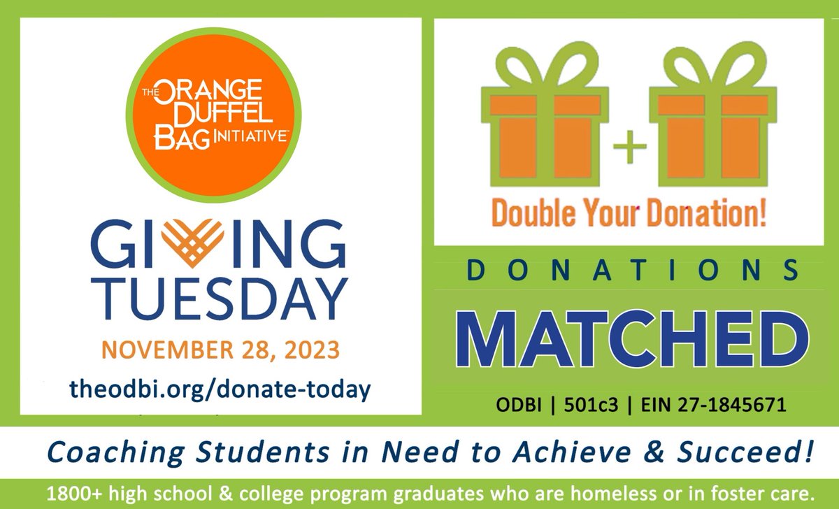 ODBInitiative's tweet photo. 🧡 Every student deserves a chance to succeed! Your donation to Orange Duffel Bag Initiative this GIVING TUESDAY will be MATCHED, providing coaching and support to homeless and foster care students through ODBI's coaching programs and advocacy. https://t.co/47gEHHZuIr https://t.co/FEBuja5Ewt
