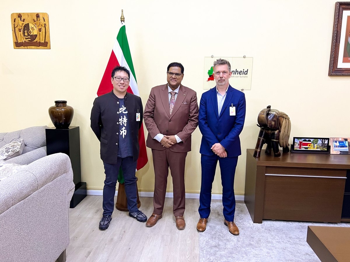JAN3com's tweet photo. Today, we were honored to meet with President @CSantokhi to discuss the possibility of Suriname advancing on its own #Bitcoin strategy.

@Excellion and @bvanhool brought their expertise on how Bitcoin can accelerate the ongoing transformation of the country's energy sector.🍊💊🇸🇷 https://t.co/TJK3beirzb