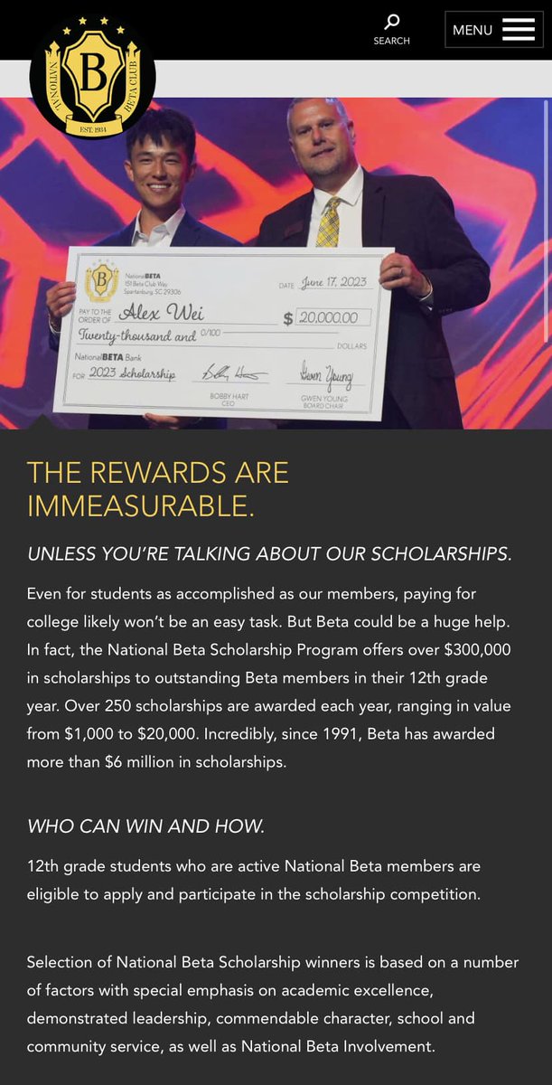 The @nationalbeta scholarship app is open until 01/18/24. Last year’s overall winner was from Louisiana! Over 250 scholarships are awarded each year, ranging in value from $1k to $20k. 12th grade active Natl. Beta members are eligible to apply. betaclub.org/scholarship #laed