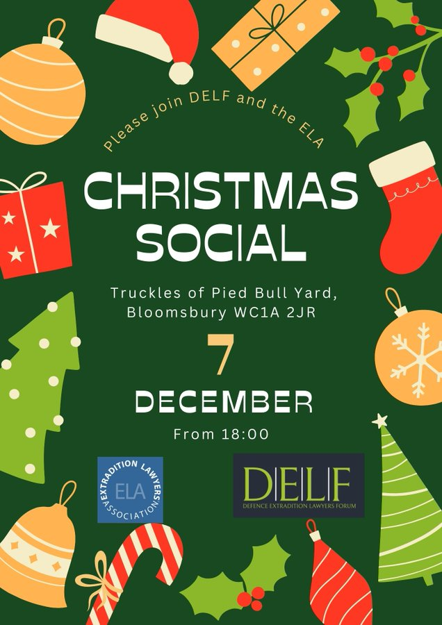 DELF_Lawyers's tweet photo. Members of DELF and the ELA. Please join DELF and the @ExtraditionLA on Thursday 7 December for our Christmas Social at Truckles of Pied Bull Yard, Bloomsbury WC1A 2JR from 6pm onwards. Please RSVP to admin@delf.org.uk https://t.co/2iXGpjOoVX